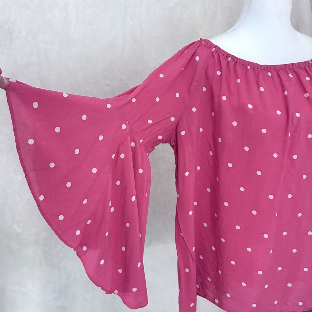 Fever Bell Sleeve Polka Dot‎ Blouse Pink Retro Boho L
